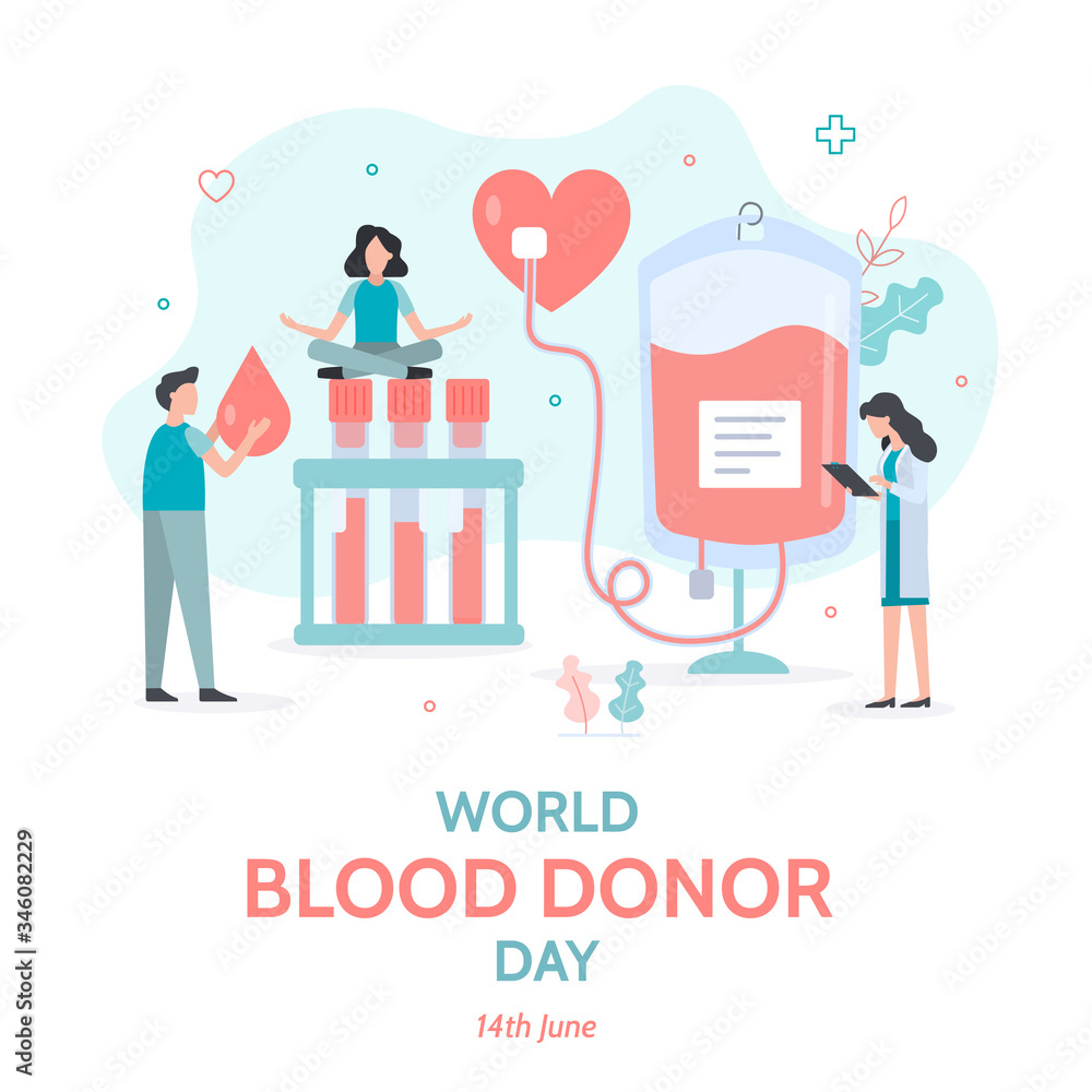 Word blood donor day banner. Little people are engaged in blood transfusion. Flat vector illustration.