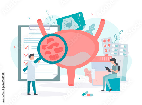 Diagnosis and treatment of bladder diseases. Bladder health concept. Medical concept with tiny people. Flat vector.