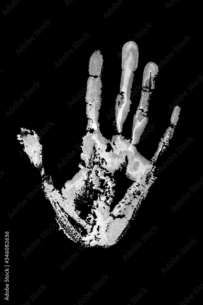 White print of human hand black background isolated closeup, handprint watercolor illustration, monochrome palm and fingers silhouette mark, one hand shape painted stamp, drawing imprint, sign, symbol White print of human hand black background isolated closeup, handprint watercolor illustration, monochrome palm and fingers silhouette mark, one hand shape painted stamp, drawing imprint, sign, symbol