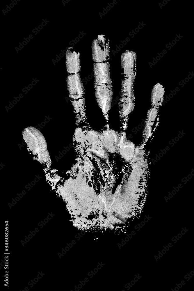 White print of human hand black background isolated closeup, handprint watercolor illustration, monochrome palm and fingers silhouette mark, one hand shape painted stamp, drawing imprint, sign, symbol White print of human hand black background isolated closeup, handprint watercolor illustration, monochrome palm and fingers silhouette mark, one hand shape painted stamp, drawing imprint, sign, symbol