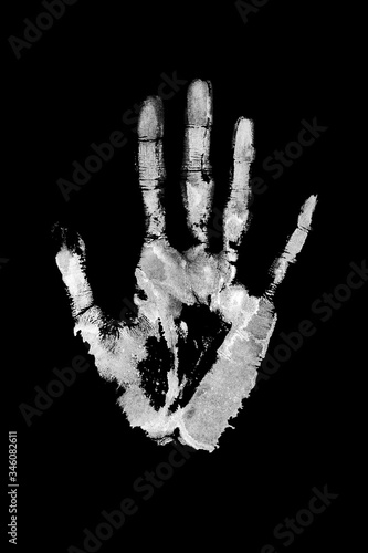 White print of human hand black background isolated closeup, handprint watercolor illustration, monochrome palm and fingers silhouette mark, one hand shape painted stamp, drawing imprint, sign, symbol