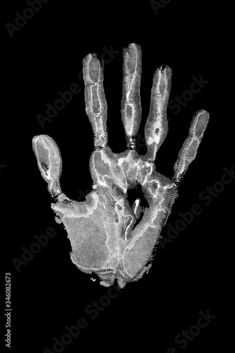 White print of human hand black background isolated closeup, handprint watercolor illustration, monochrome palm and fingers silhouette mark, one hand shape painted stamp, drawing imprint, sign, symbol