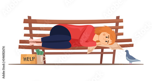 Homeless girl cartoon vector illustration isolated on white background. Poor woman character in crisis situation lay on city bench. 
