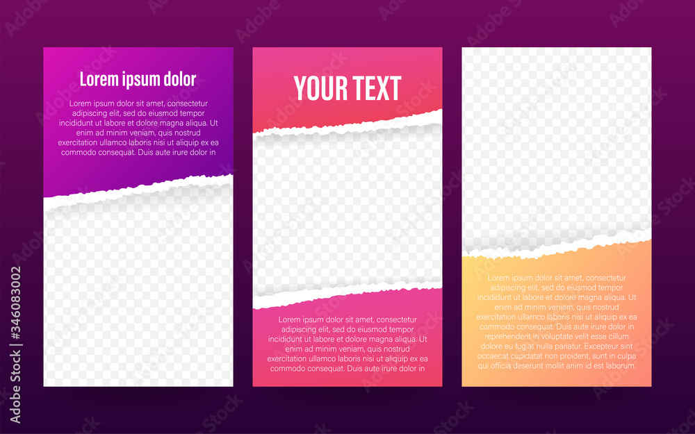 Stories template for social media with colored torn paper editable on transparent background. Vector stock illustration.