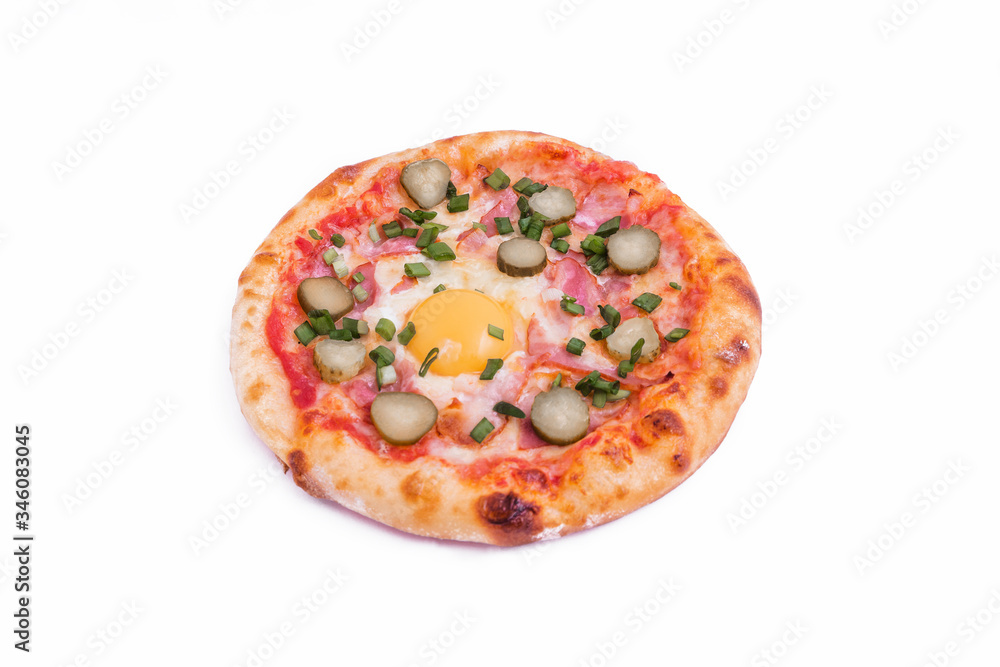 Tasty pizza with cheese, tomatoes, slices of ham and egg on a white background Tasty pizza with cheese, tomatoes, slices of ham and egg on a white background