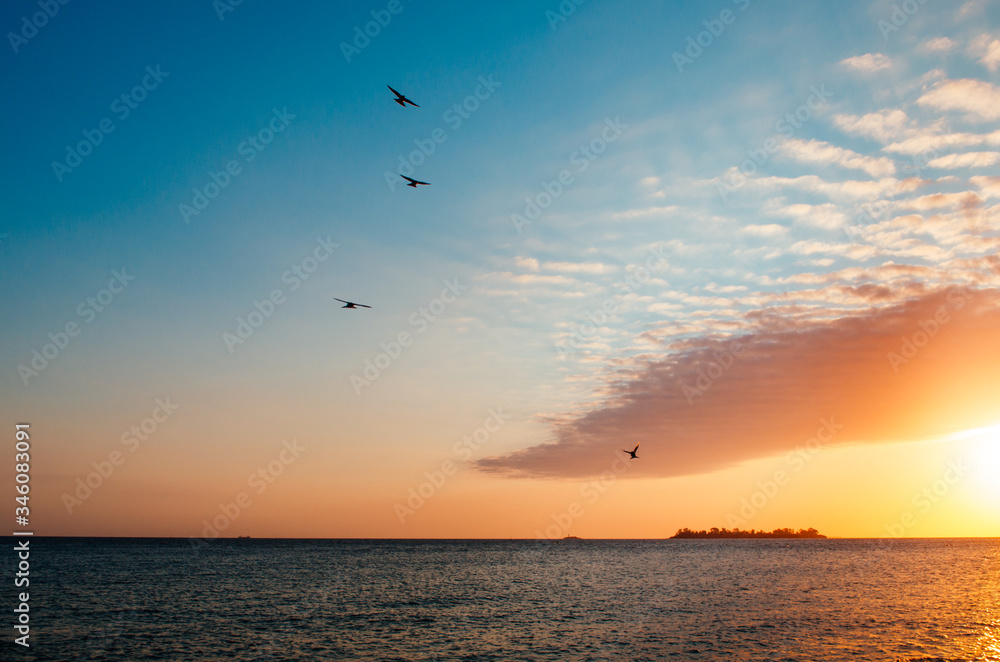 A breathless capture of the golden hour in Colonia Del Sacramento, Uruguay with a view to Rio De La Plata and birds flying over the clouds. A breathless capture of the golden hour in Colonia Del Sacramento, Uruguay with a view to Rio De La Plata and birds flying over the clouds.