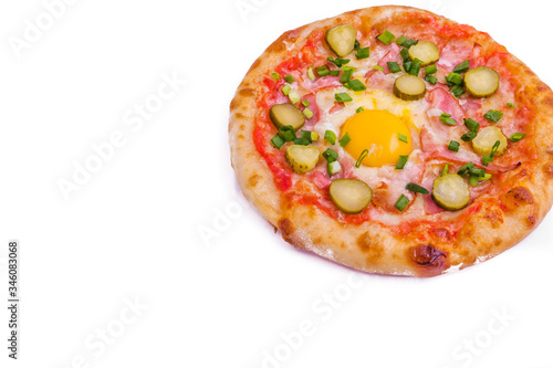 Tasty pizza with cheese, tomatoes, slices of ham and egg on a white background