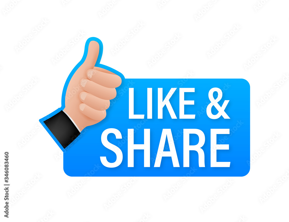 Share like on white background. Thumb up. Hand like. Social media sign. Vector stock illustration. Share like on white background. Thumb up. Hand like. Social media sign. Vector stock illustration.