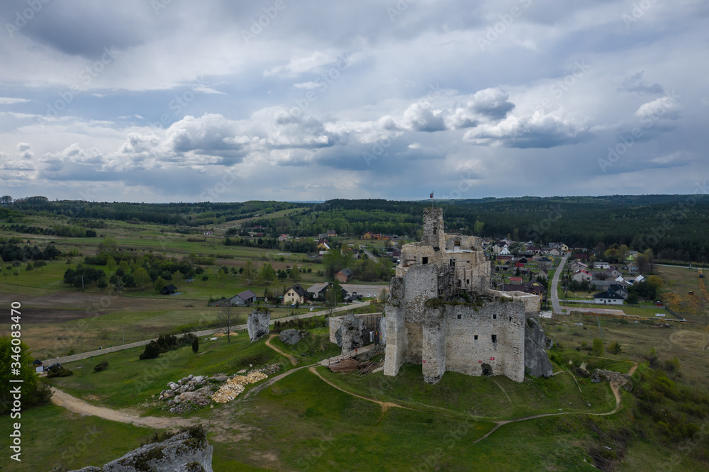 Aerial view of Mirow Castle, Eagles Nests trail. Medieval fortress in the Jura region near Czestochowa. Silesian Voivodeship. Poland. Aerial view of Mirow Castle, Eagles Nests trail. Medieval fortress in the Jura region near Czestochowa. Silesian Voivodeship. Poland.