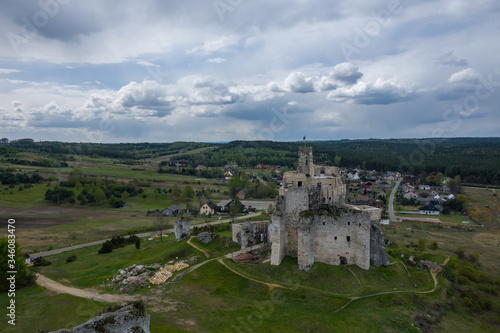 Aerial view of Mirow Castle, Eagles Nests trail. Medieval fortress in the Jura region near Czestochowa. Silesian Voivodeship. Poland.