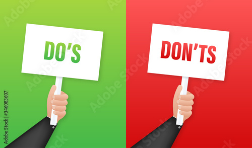 Hand holding placard Do's and Don'ts. Vector stock illustration.