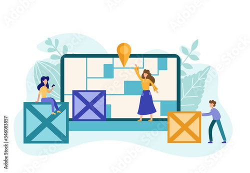 We have moved concept with girl find the address in flat style. Geolocation point marker for navigation system. Transportation vector illustrator