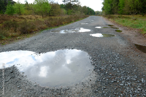 Schotterweg mit Wasserpfützen