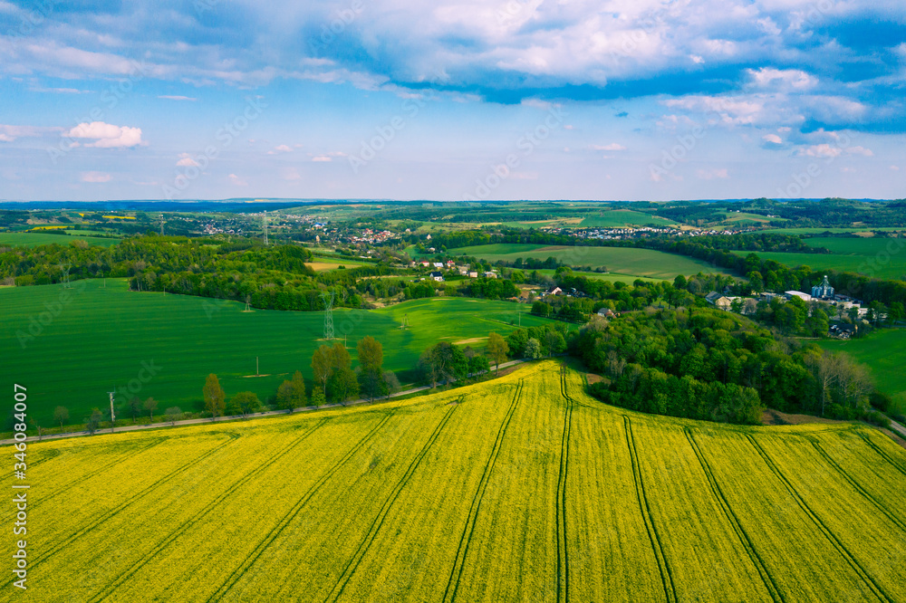 Aerial view of green agriculture field in Jura region, Silesian Voivodeship. Poland.