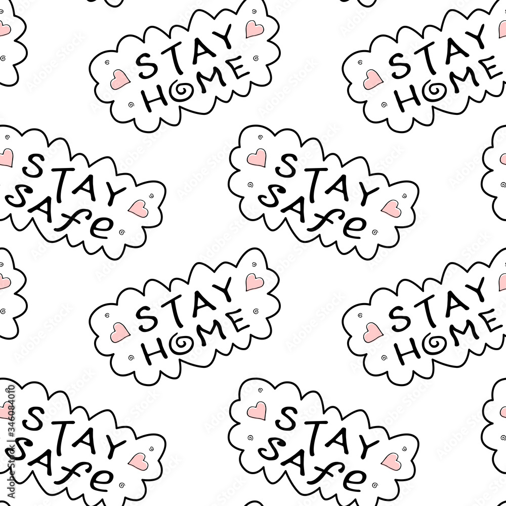 Stay home, stay safe - hand vector lettering on theme of quarantine, self protection times and coronavirus prevention in hand drawn style. Seamless pattern for social media, sites, flyers, web Stay home, stay safe - hand vector lettering on theme of quarantine, self protection times and coronavirus prevention in hand drawn style. Seamless pattern for social media, sites, flyers, web