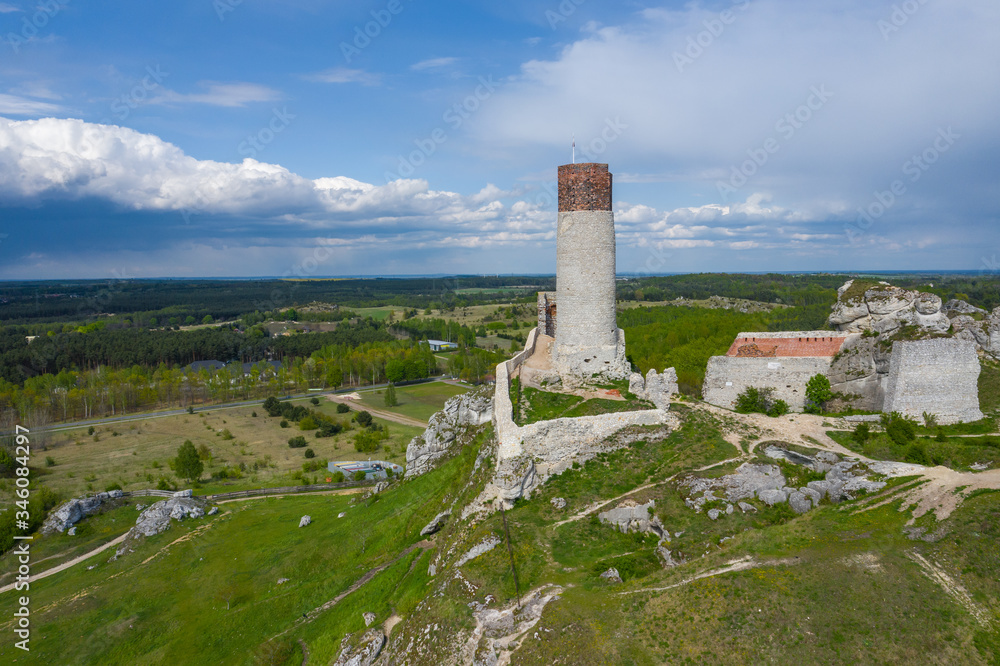 Aerial view of Castle Hill in Olsztyn. Medieval fortress ruins in the Jura region near Czestochowa. Silesian Voivodeship. Poland. Central Europe.