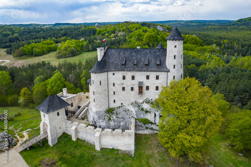 Aerial view of Castle Bobolice, one of the most beautiful fortresses on the Eagles Nests trail. Medieval fortress in the Jura region near Czestochowa. Poland.