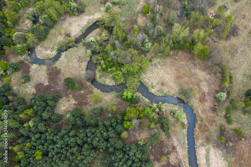 Aerial view of the Warta river with many meanders. Jura region near Czestochowa. Silesian Voivodeship. Poland.