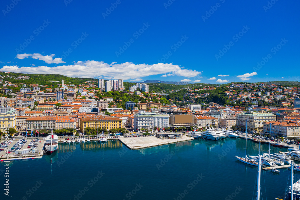 Croatia, city of Rijeka, aerial panoramic view of city center, marina and harbour from drone
