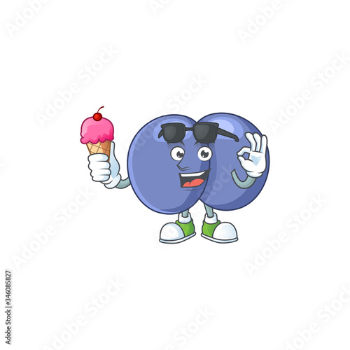 Cute streptococcus pneumoniae cartoon character enjoying an ice cream