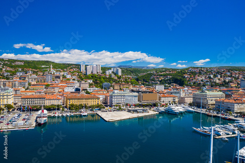 Croatia, city of Rijeka, aerial panoramic view of city center, marina and harbour from drone 