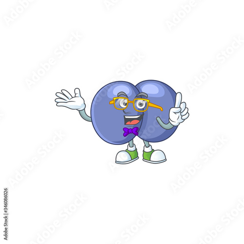 Cartoon character design of Geek streptococcus pneumoniae wearing weird glasses