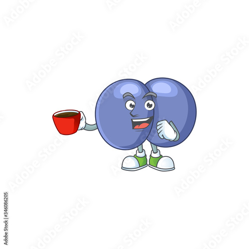 An image cartoon character of streptococcus pneumoniae with a cup of coffee