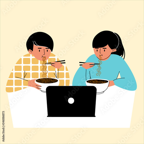 A cartoon young couple eating ramen noodles and watching a TV series on a laptop. People enjoy delicious food while watching a movie. Colorful vector illustration on an isolated yellow background.