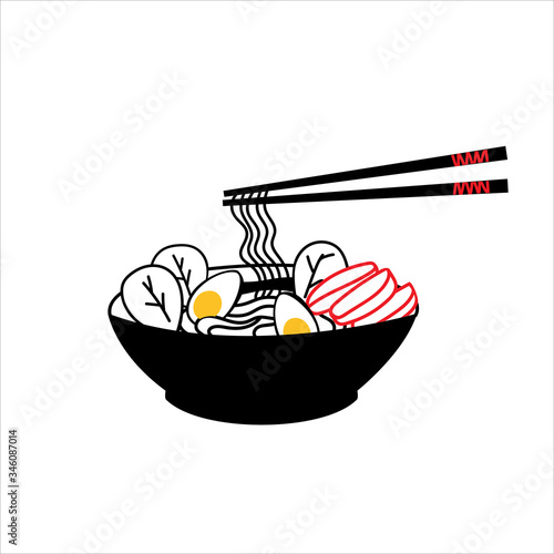 Ramen Doodle. A hand-drawn bowl of Chinese egg noodles and ingredients. Illustration of Asian cuisine with chopsticks. Vector isolated on a white background.