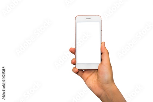 Smartphone mockup. Close up hand holding black phone white screen. Isolated on white background. Mobile phone frameless design concept.