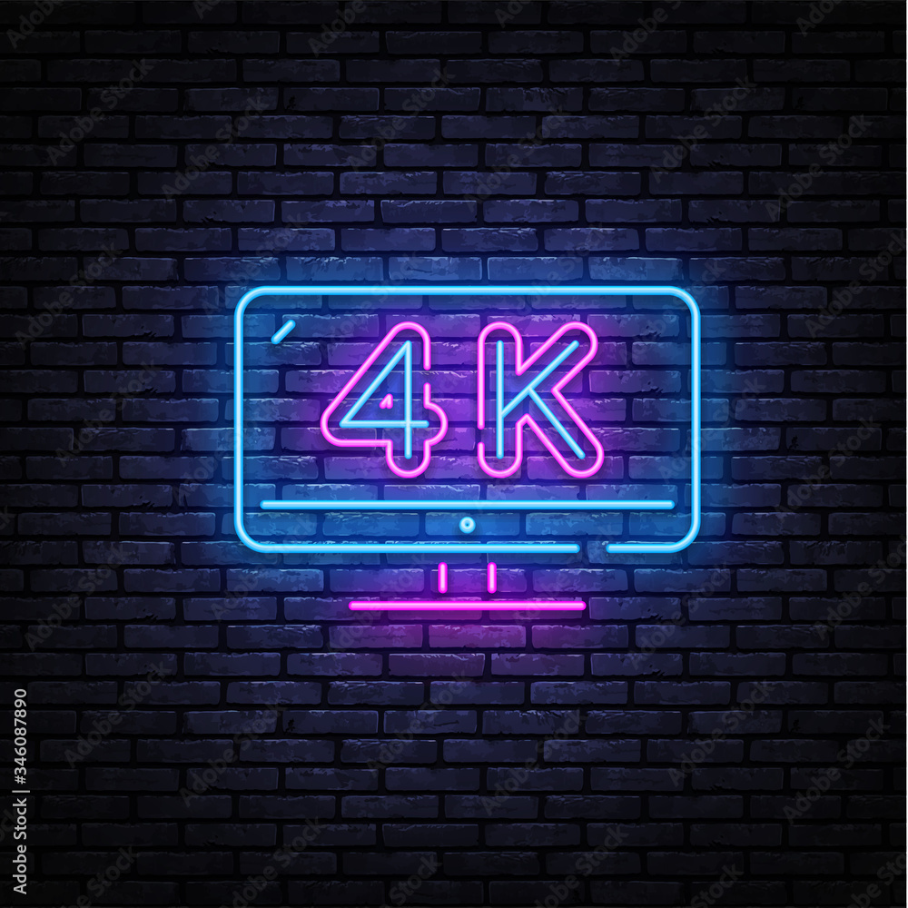 4k Quality Video neon sign vector. Monitor 4k Design template neon sign, light banner, nightly bright advertising, light inscription. Vector illustration