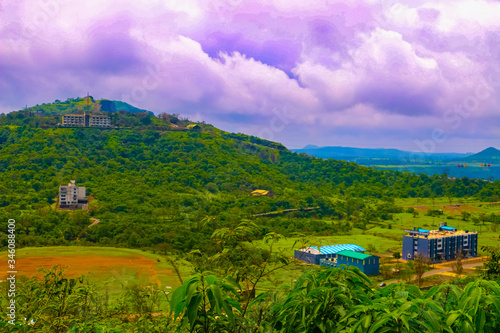 Nature Aerial View. Beautiful autumn scene of Saputara. Beauty of nature concept background. Mountain, sky, clouds, trees in image. photo