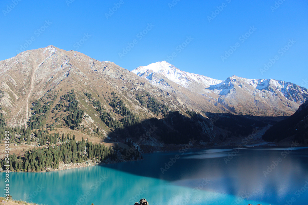 Almaty, Kazakhstan: Spectacular scenic Big Almaty Lake, Tien Shan Mountains in Almaty