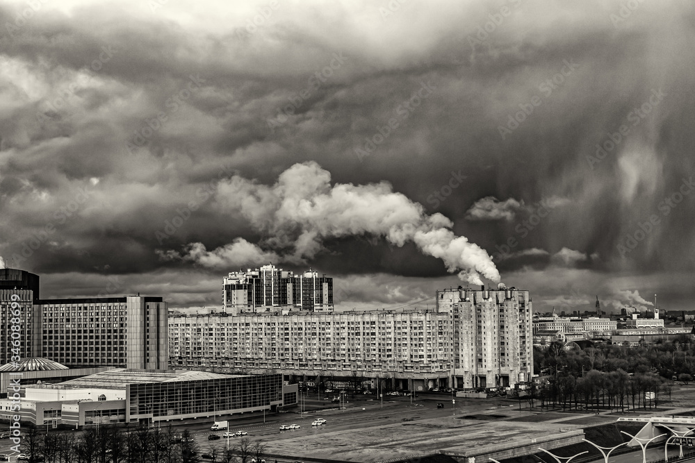 black and white city landscape with houses and clouds beautiful views and unusual sky