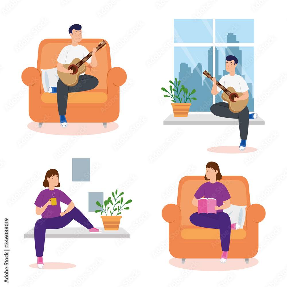 Fototapeta premium young couple reading and playing guitar vector illustration design