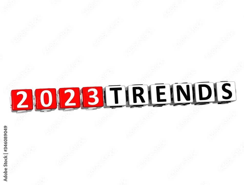 Trends 2023. 3D red-white crossword puzzle on white background. Creative Words.