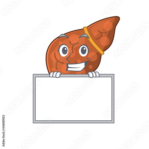 Smiling human fibrosis liver cartoon design style has a board