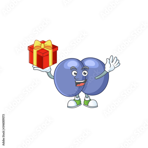 Charming streptococcus pneumoniae mascot design has a red box of gift