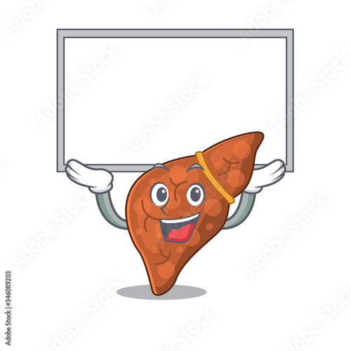 Mascot design of human fibrosis liver lift up a board