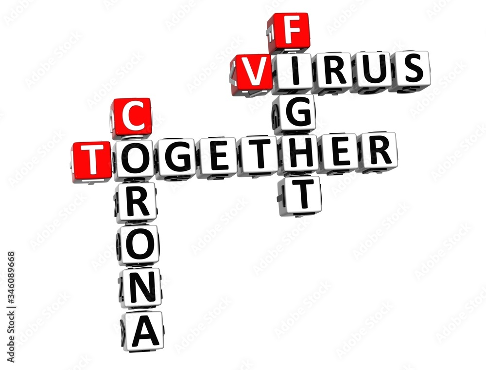 Together Fight Virus. Coronavirus COVID-19. 3D red-white crossword puzzle on white background. Corona Virus Creative Words. Together Fight Virus. Coronavirus COVID-19. 3D red-white crossword puzzle on white background. Corona Virus Creative Words.