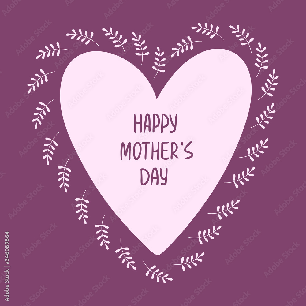 Pink doodle illustration for mother's day. Lettering, heart and floral details. Color background.