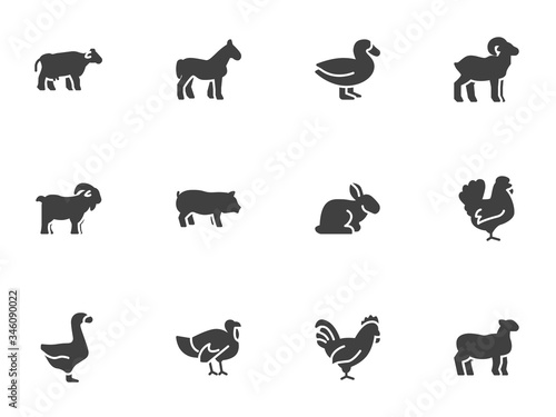 Farm animals vector icons set, modern solid symbol collection, filled style pictogram pack. Signs, logo illustration. Set includes icons as cow, pig, sheep, goat, rooster, chicken, turkey, rabbit, hen