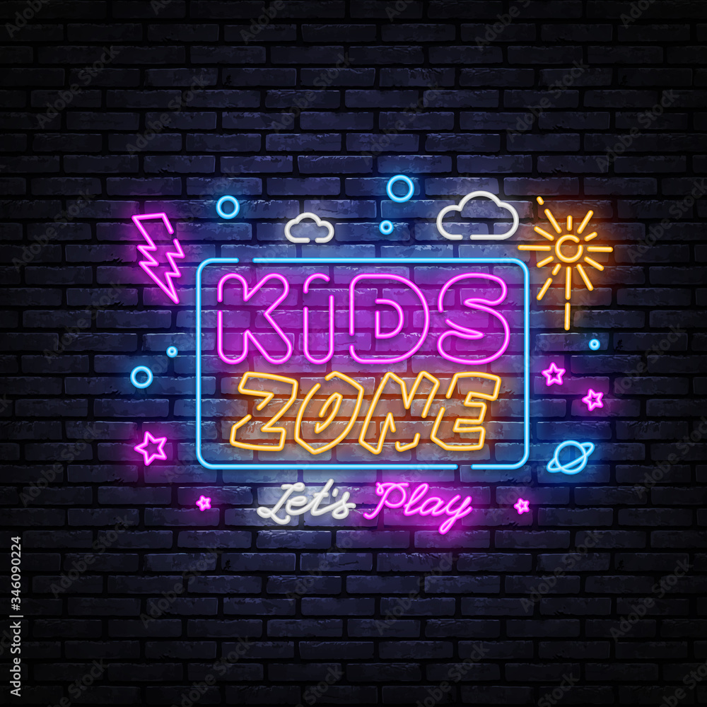 Kids Zone neon banner vector design template. Place for fun and play
