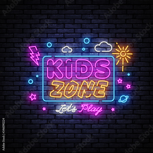 Kids Zone neon banner vector design template. Place for fun and play neon light banner, design element, night bright advertising, bright sign. Vector illustration