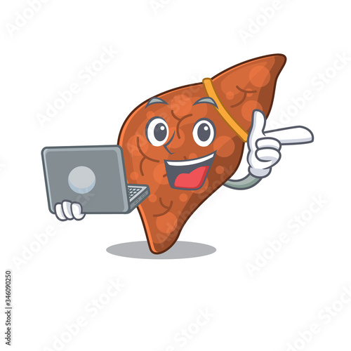 Cartoon character of human fibrosis liver clever student studying with a laptop