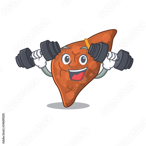 Mascot design of smiling Fitness exercise human fibrosis liver lift up barbells