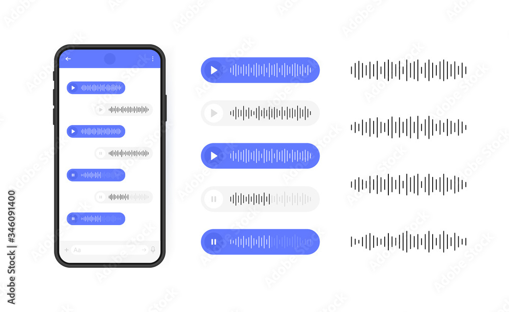 Mobile phone with voice messages icon. Message bubble with sound wave for social media. Modern flat style vector illustration Mobile phone with voice messages icon. Message bubble with sound wave for social media. Modern flat style vector illustration