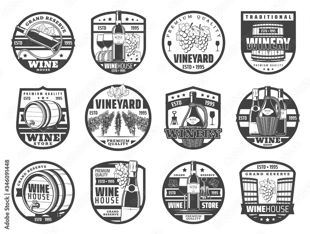 Fototapeta premium Winery and wine house vector icons and labels. Vineyard farm grand reserve, wooden barrel and corkscrew opener, wine bottle and glass with vintage grapes wine basket