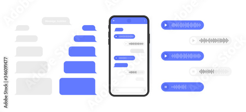 Social media design concept. Smart Phone with messenger chat screen and voice wave. Sms template bubbles for compose dialogues. Modern vector illustration flat style