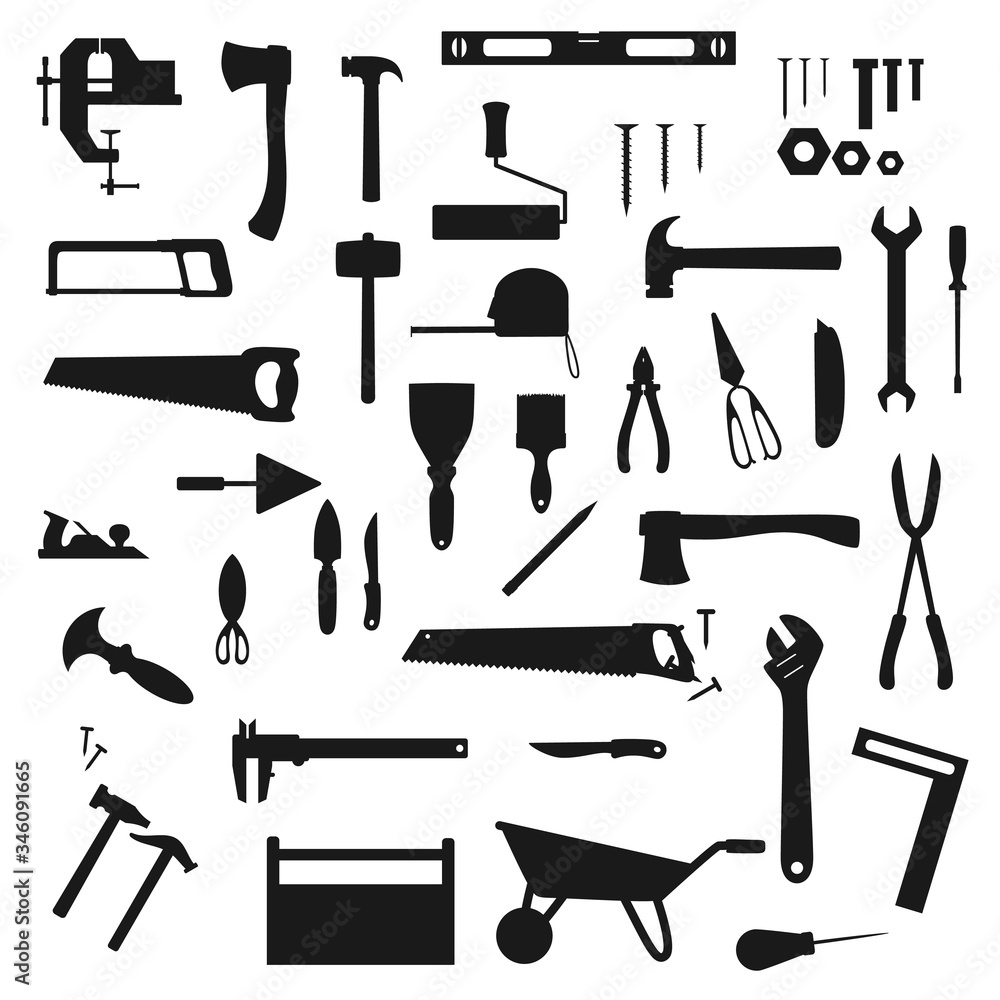Work tool, construction, home repair and carpentry vector silhouettes icons. Woodwork and DIY building tools, handyman equipment grinder and hammer, drill, ruler and screwdriver - obrazy, fototapety, plakaty 